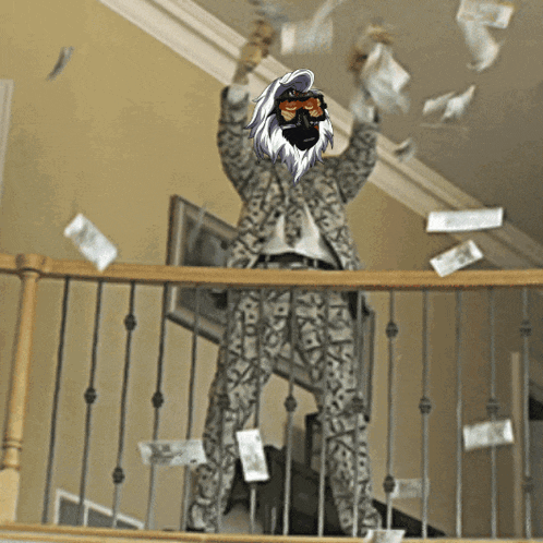 a man in a suit stands on a balcony throwing money in the air