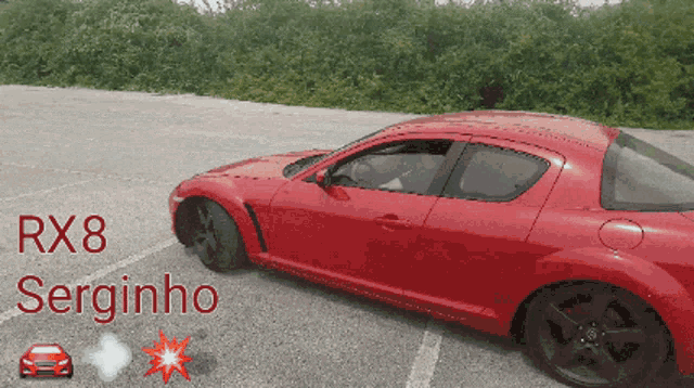a red car is parked in a parking lot with the name serginho on the bottom