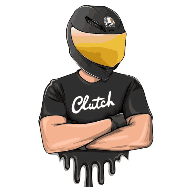 a cartoon drawing of a man wearing a helmet and a shirt that says clutch
