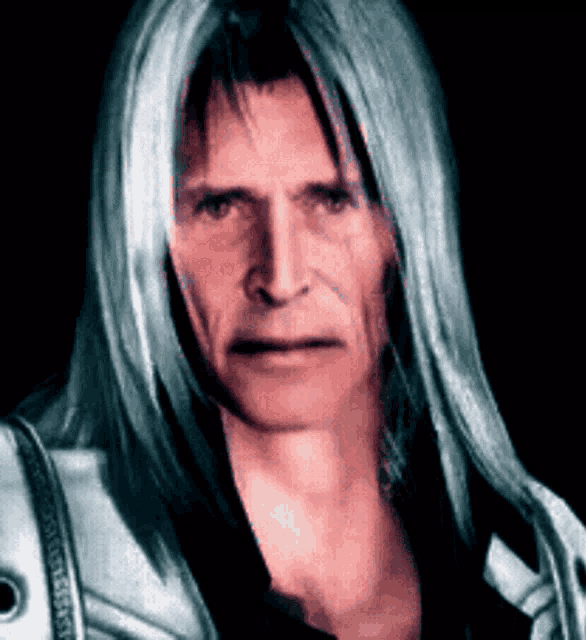 a man with long gray hair is wearing a black shirt