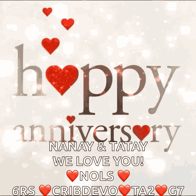 a happy anniversary greeting card with red hearts