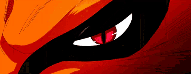 a close up of a cartoon character 's eye with red and white teeth