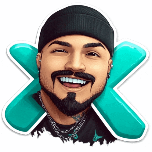 a man with a beard wearing a black beanie is smiling with a blue x behind him