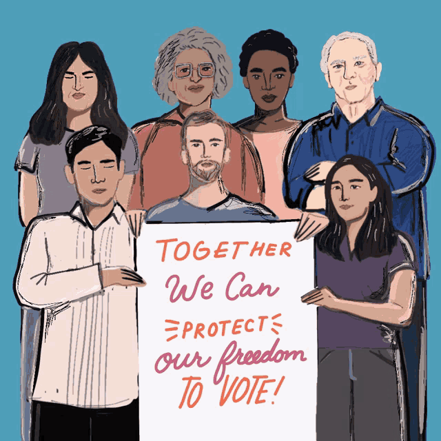 a group of people holding a sign which says together we can protect our freedom to vote