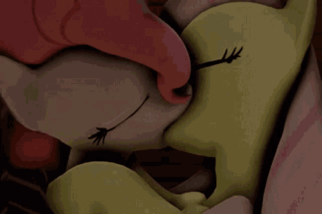 a pinkie pie and a yellow pony are kissing each other