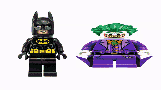 a lego batman and a lego joker are standing next to each other on a rainbow background