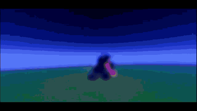 a computer generated image of a person in a field with a blue sky in the background