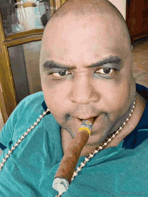 a man with a cigar in his mouth and a necklace that says vegalife.com on it