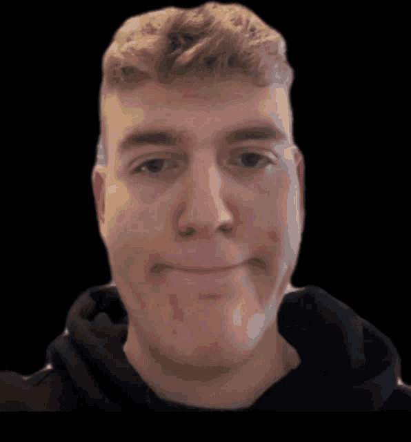a close up of a man 's face making a funny face on a black background .
