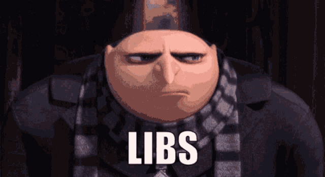 a cartoon character with a scarf around his neck has the word libs on his face