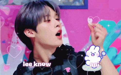 a close up of a person 's face with the words lee know on it