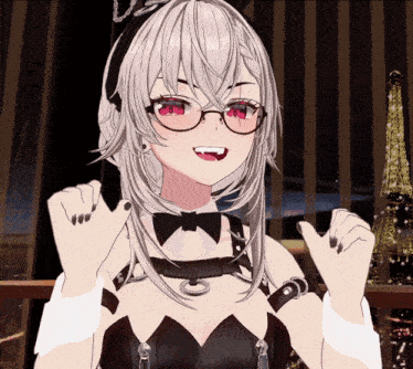 a girl with white hair and red eyes wearing glasses
