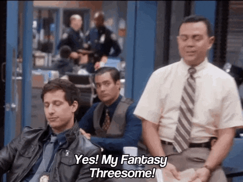 a man in a leather jacket and tie says yes ! my fantasy threesome !