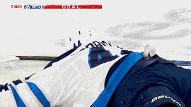 a hockey goalie is laying on the ice with the tsn wpg logo behind him