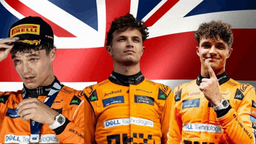 three young men wearing orange shirts with dell technologies written on them stand in front of a british flag