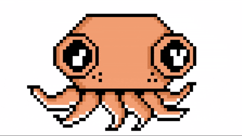 a pixel art drawing of an octopus with big eyes and a smiley face