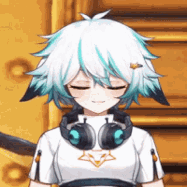 a girl with white hair and blue streaks is wearing headphones