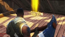 a man is holding an axe in a video game while a gun is behind him .