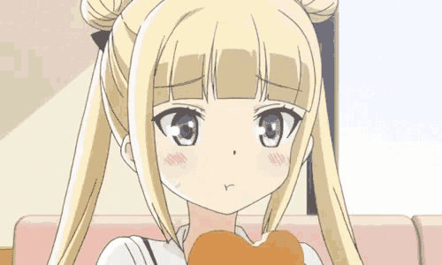 a close up of a blonde anime girl with pigtails