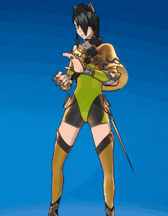 a cartoon drawing of a woman in a yellow outfit with a sword