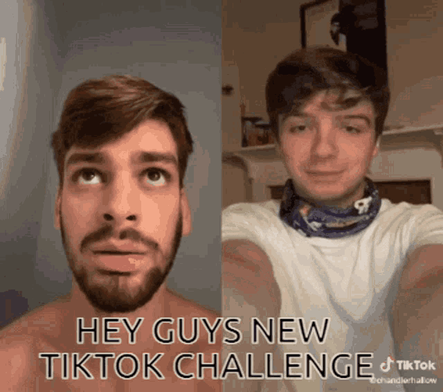 a man with a beard is next to another man with a bandana on his neck and the caption says hey guys new tiktok challenge