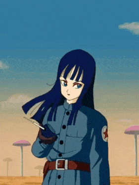 a girl in a blue jacket with a red star on the sleeve