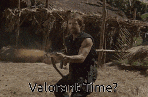 a man holding a gun with the words " valorant time " written below him