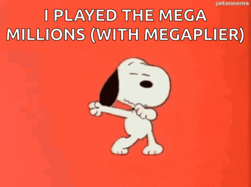 a cartoon of snoopy dancing with the words " i played the mega millions ( with megaplier ) "