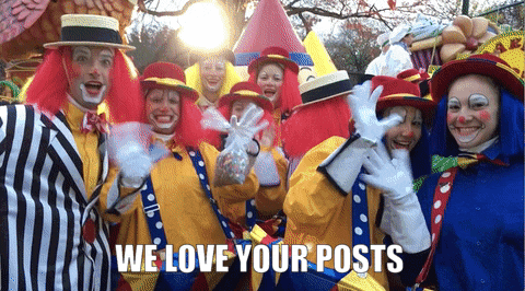 a group of clowns posing for a picture with the words we love your posts below them
