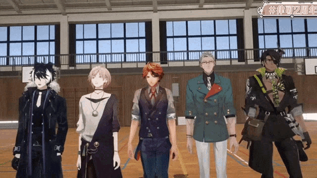 a group of anime characters are standing in a gym with a sign that says " anniversary "