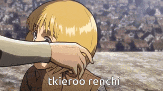 a person putting their hand on another person 's face with the words tkieroo renchi written on the bottom