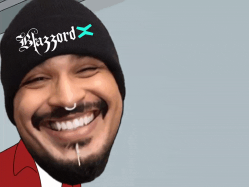 a man with a beard wearing a beanie that says blizzard x