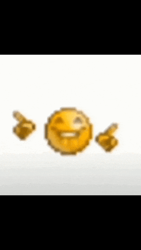 a pixelated smiley face with two hands pointing to the right
