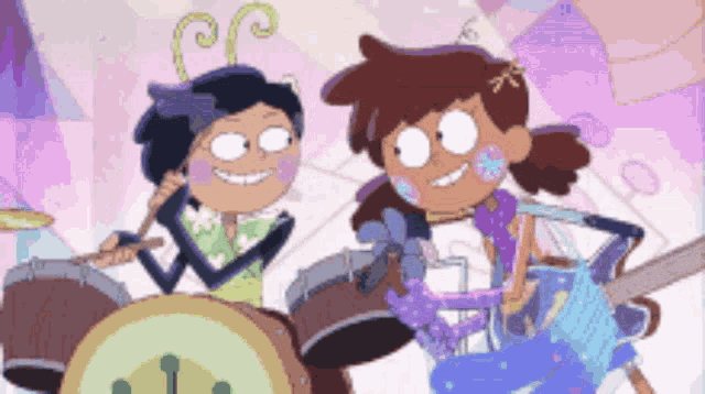 a couple of cartoon characters are playing drums and a guitar