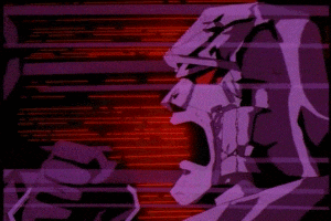 a cartoon character is screaming in front of a purple background