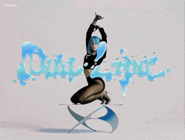 a woman with blue hair is kneeling on a table in front of a sign that says " dua lipa "
