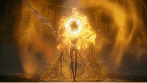 a painting of a person surrounded by flames with a circle in the middle