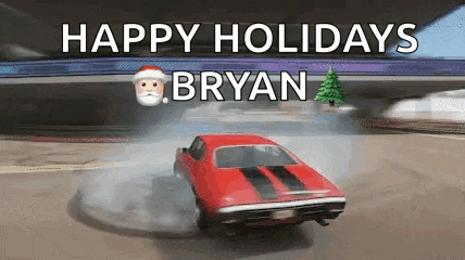 a red car is drifting on a road with the words happy holidays bryan written above it