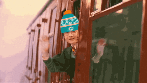 a boy wearing a dolphins hat is waving from a train