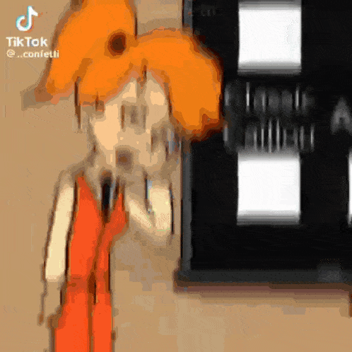 a cartoon character with orange hair is standing in front of a door that says exit