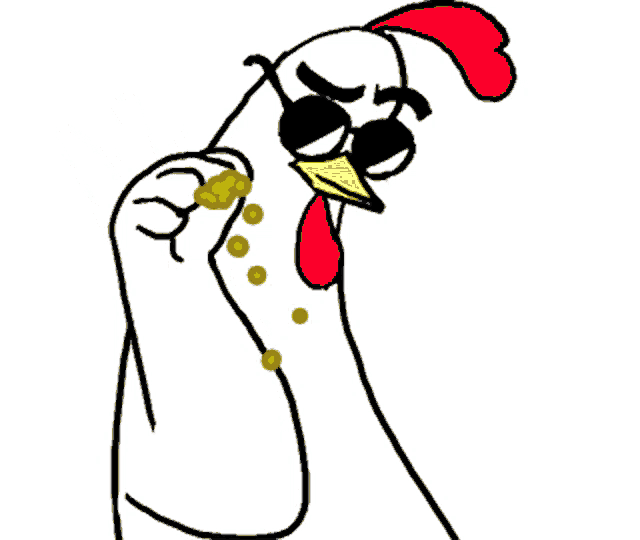 a drawing of a chicken wearing sunglasses with the letter f on its hand