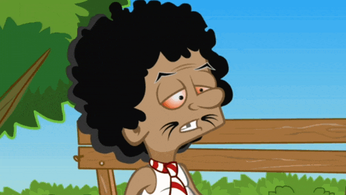 a cartoon of a man with curly hair and a red tie standing next to a wooden fence