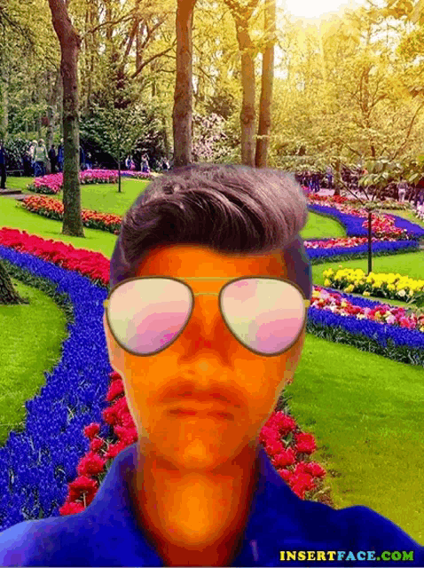 a man wearing sunglasses in front of a garden with the website insertface.com written on the bottom