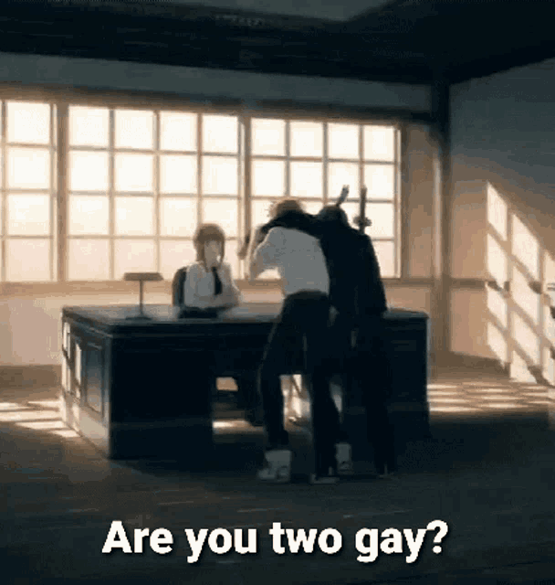 two men are standing next to each other in a room with the words " are you two gay " written on the bottom