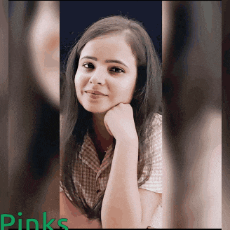 a woman with her hand on her chin and the word pinks in green
