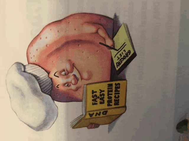 a cartoon of a potato wearing a chef hat reading a book called fast easy protein recipes