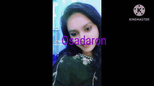 a woman 's face is shown in a tiktok video with the name osadaron written in purple .