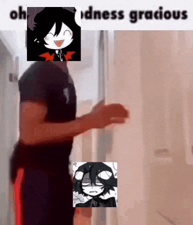a man is standing in a hallway with a picture of a girl and a picture of a demon .