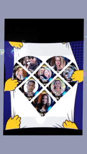 a group of people are holding a heart shaped collage of their faces