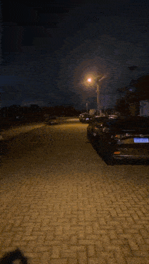 a man is squatting down on a brick sidewalk at night .